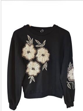 Anthropologie Black Sweatshirt with Cream Floral Appliqué Accents